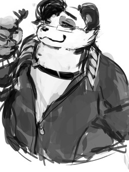 :3 anthro bangs black_ears black_hair black_nose clothing eyewear fur glasses grey_body grey_clothing grey_ears grey_fur hair hand_on_hip holding_object jacket kemono looking_at_object male neck_tuft painterly shirt simple_background smile solo topwear tuft white_background white_body white_clothing white_fur white_shirt white_topwear key_rooki bear giant_panda mammal ursine 3:4 character_request monochrome