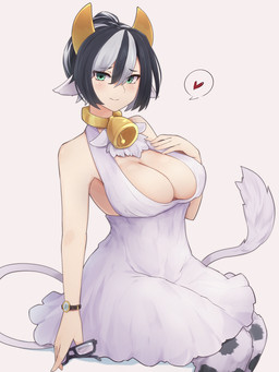 big_breasts black_hair breasts chest_tuft cleavage clock clothed clothing dress eyewear female glasses green_eyes grey_hair hair heart_symbol horn looking_at_viewer monster_girl_(genre) multicolored_hair smile solo tail tuft two_tone_hair watch white_clothing white_dress yonaga monster_girl_encyclopedia holstaur_(mge) animal_humanoid bovid bovid_humanoid bovine bovine_humanoid cattle_humanoid humanoid mammal mammal_humanoid 2022 3:4 hi_res