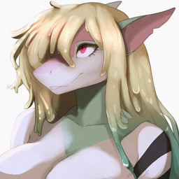 anthro breasts cleavage clothed clothing female goo_hair hair hair_over_eye kamillia_(luxvice) looking_up multicolored_body multicolored_hair pink_eyes pseudo_hair red_eyes smile solo empressneko luxvice aquatic fish shark 1:1 bust_portrait hi_res portrait