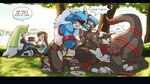 anthro cake claws dessert eating female food group humor hungry male pawpads picnic text dahecksajerry bandai_namco digimon blackgrowlmon digimon_(species) gargomon human machgaogamon mammal 16:9 english_text letterbox widescreen