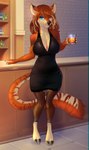 alcohol anthro beverage big_breasts breasts clothed clothing dress female fur heterochromia hooves looking_at_viewer pose solo tail purrr-evil deer felid feline hybrid mammal digital_media_(artwork) full-length_portrait hi_res portrait