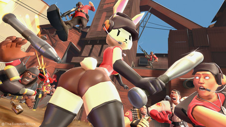 anthro anthro_focus armor baseball_bat bat_(object) beanie bottomwear brown_bottomwear brown_clothing brown_shorts butt butt_focus clothed clothing dark_body dark_skin electronics explosives eye_patch eyewear eyewear_on_head female food footwear fur glasses gloves goggles goggles_on_head grenade group gun hair handwear hard_hat hat headgear headphones headwear helmet holding_food holding_object holding_weapon legwear light_body light_skin long_socks long_stockings looking_at_another lying machine male mask on_front ranged_weapon red_clothing red_shirt red_t-shirt red_topwear rifle rocket rocket_launcher sandwich_(food) scut_tail shirt shoes short_tail shorts sniper_rifle socks solo_focus stockings t-shirt tail topwear vest weapon thesummerwitch team_fortress_2 valve valve_corporation demoman_(team_fortress_2) engineer_(team_fortress_2) heavy_(team_fortress_2) lucy_(usernamecipher) lucy_the_bun medic_(team_fortress_2) mimi_sentry pyro_(team_fortress_2) scout_(team_fortress_2) sniper_(team_fortress_2) soldier_(team_fortress_2) spy_(team_fortress_2) human lagomorph leporid mammal rabbit robot 16:9 3d_(artwork) digital_media_(artwork) hi_res source_filmmaker_(artwork) widescreen