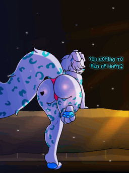 anthro bangs barefoot bed bent_over big_butt big_tail blue_markings butt butt_focus butt_tattoo clothed clothing facial_piercing feet foot_focus fur furniture hair hair_over_eyes heart_tattoo light looking_at_viewer looking_back male markings nose_piercing on_bed open_mouth panties pawpads paws piercing presenting presenting_hindquarters rear_view septum_piercing simple_background solo spots spotted_body spotted_fur tail tattoo text thick_thighs toes underwear white_body white_fur saskatoon_nu coffeez bird_dog canid canine canis domestic_dog felid golden_retriever hunting_dog hybrid mammal pantherine retriever snow_leopard animated digital_drawing_(artwork) digital_media_(artwork) english_text hi_res lighting loop pixel_(artwork)