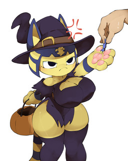 anthro bangs big_breasts blue_ears blue_hair breasts candy cleavage cleavage_cutout clothed clothed_anthro clothed_female clothing cross-popping_vein cutout dessert female female_anthro fingers food frown furgonomic_hat furgonomic_headwear furgonomics hair hat headgear headwear holding_candy holding_food holding_object holidays legwear markings mouth_closed narrowed_eyes off_shoulder pawpads pink_pawpads simple_background solo_focus striped_markings striped_tail stripes tail tail_markings thick_thighs thigh_highs trick-or-treating uraeus white_background white_sclera witch_hat yellow_inner_ear abyss_creature_(artist) animal_crossing halloween nintendo ankha_(animal_crossing) domestic_cat felid feline felis mammal 2024 4:5 absurd_res digital_drawing_(artwork) digital_media_(artwork) hi_res korean_description