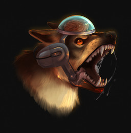 ambiguous_gender angry black_background black_nose brain_dome brown_body brown_fur ears_back exposed_brain feral fur new_vegas pivoted_ears red_eyes showing_teeth simple_background snarling solo han_(artist) fallout microsoft rex_(fallout) canid canine canis cyberdog_(fallout) domestic_dog mammal english_description headshot_portrait hi_res portrait
