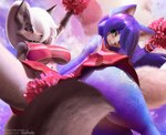 anthro blue_body blue_fur breasts cheerleader cheerleader_outfit cheerleading_pose duo female fur hair hair_over_eye one_eye_obstructed pom_poms pose under_boob v-tal helluva_boss nintendo star_fox krystal_(star_fox) kursed_(star_fox) loona_(helluva_boss) canid canine fox mammal 2021 absurd_res crossover hi_res