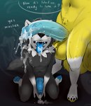 anthro asking balls big_balls big_penis black_body black_fur blue_knot blue_paws blue_penis blue_tongue bodily_fluids claws cum cum_drip cum_in_mouth cum_inside cum_on_body cum_on_face cum_on_penis cum_splatter cum_string cumshot dominant dominant_male dripping duo ejaculation erection foreskin fur genital_fluids genitals hair huge_balls knot male male/male musk nude open_mouth penile penis penis_worship precum saliva simple_background smile speech_bubble submissive submissive_male sweat tongue tongue_out verbal verbal_submission white_body white_fur yellow_body yellow_fur yellow_paws clrfoolished akatosh zack_(webtoonfan) canid canine canis fox mammal wolf absurd_res hi_res