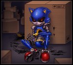 anthro black_border black_fluid black_sclera blue_body border box container cup drinking_straw grass group looking_at_viewer machine machine_oil male metallic_body oil plant red_eyes simple_background sitting trio skellta sega sonic_the_hedgehog_(series) cubot metal_sonic orbot eulipotyphlan hedgehog mammal robot robot_anthro