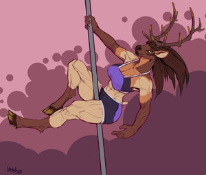 abs anthro biceps big_breasts breasts cleavage clothed clothing dancing deltoids female looking_at_viewer muscular muscular_anthro muscular_female pecs pecs_with_breasts pole pole_dancing solo mainlinemojo allie_(onefinecaprine) cervine deer elk mammal 2020 absurd_res hi_res