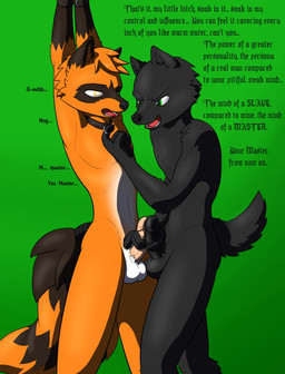 5_fingers >:d anthro balls bdsm black_body black_eyes black_fur black_nose black_penis black_skin bondage bound brown_body brown_fur chain collar cuff_(restraint) dialogue dirty_talk dominant dominant_male duo ellipsis erection fingers fur genitals glistening green_background green_eyes hair handcuffs handjob insult male male/male master masturbation metal_cuffs mind_control navel open_mouth orange_body orange_fur orange_hair pawpads paws penile penile_masturbation penis penis_grab pink_body pink_penis pink_skin raised_arm restraints sex shadow sharp_teeth simple_background standing submissive submissive_male tail teeth text tongue vein white_body white_fur yellow_eyes nx-42 canid canine canis mammal wolf absurd_res english_text hi_res