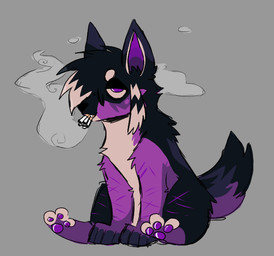 ambiguous_gender cigarette coontail_hair dipstick_tail fangs feral fluffy fur grey_background markings pawpads paws purple_body purple_eyes scar self-harm_scars shitpost simple_background sitting sitting_on_ground smoke smoking smoking_cigarette solo tail tail_markings teeth vedacia jasper_(wastepaw) canid canine canis coydog domestic_dog herding_dog hybrid malinois_dog mammal pastoral_dog sheepdog colored digital_media_(artwork) meme sketch