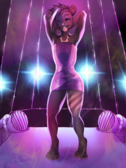 4_toes anthro chest_tuft clothing dancing dress eyelashes eyes_closed feet femboy fur hair hands_behind_head happy leg_markings male markings multicolored_body multicolored_fur multicolored_hair one-piece_dress pink_clothing pink_dress short_ears slim smile solo stage stage_lights standing toes tuft hugyourzombie bjorn_(glazie) bear mammal hi_res