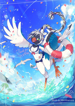 action_pose anklet anthro beak black_body black_feathers blue_body blue_feathers breasts cheek_tuft claws cleavage clothed clothing curvy_figure detailed_background facial_tuft feathers feet female feral green_eyes hair happy holding_object holding_out_hand inflatable inner_tube jewelry medium_breasts neck_tuft open_mouth ponytail pose raised_wings small_waist smile solo splash standing stripes swimwear talons toe_claws toes tuft white_body white_feathers wide_hips wings haruneichi cissa_(idorrth) avian bird gull lari larid digital_media_(artwork) full-length_portrait hi_res portrait