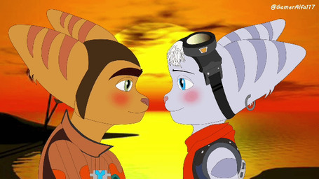 duo eyewear eyewear_on_head female fur goggles goggles_on_head heart_symbol holidays kiss_on_lips kissing male male/female passionate passionate_kiss romantic romantic_ambiance romantic_couple sunset white_body white_fur yellow_body yellow_fur gameralfa117 insomniac_games ratchet_and_clank sony_corporation sony_interactive_entertainment valentine's_day ratchet_(ratchet_and_clank) rivet_(ratchet_and_clank) lombax mammal animated