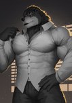 anthro black_lips bottomwear clothed clothing dress_shirt fully_clothed lips looking_at_viewer male muscular muscular_anthro muscular_male pants pen red_eyes shirt solo standing tight_clothing tight_shirt tight_topwear topwear earthist bear mammal absurd_res greyscale hi_res monochrome