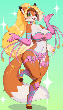 anthro armwear bandeau big_breasts blonde_hair boots bow_tie bra breasts choker cleavage clothed clothing elbow_gloves female footwear fur gloves gradient_background green_eyes hair handwear jewelry long_hair looking_at_viewer multicolored_body multicolored_fur navel necklace on_one_leg one_eye_closed orange_body orange_fur panties paws pink_armwear pink_bandeau pink_boots pink_bow pink_bow_tie pink_bra pink_clothing pink_elbow_gloves pink_footwear pink_gloves pink_handwear pink_panties pink_topwear pink_underwear ponytail shoes simple_background small_waist smile solo sparkles standing tail thick_thighs thigh_strap topwear two_tone_body two_tone_fur underwear white_body white_fur wide_hips ghioel vixen_mighty_(itsjojo) canid canine fox mammal absurd_res full-length_portrait hi_res portrait