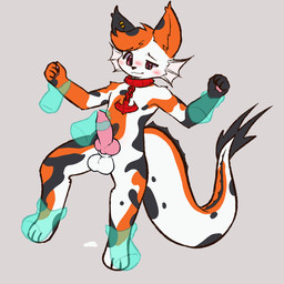 anthro balls blush bodily_fluids disembodied_hand genital_fluids genitals knot knotted_penis male penis precum solo flyinghighfox kori_(saliron) hybrid 1:1 animated hi_res