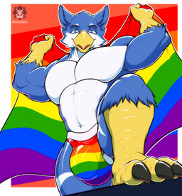 3_toes abs abstract_background anthro avian_feet balls balls_outline barely_visible_balls barely_visible_genitalia barely_visible_penis beak biceps big_bulge biped black_claws blue_body blue_eyebrows blue_eyes blue_fur blue_hair bottomwear bulge claws clothed clothing detailed_bulge eyebrows facial_tuft feet fingers flag flag_(object) front_view fur genital_outline genitals hair holding_flag holding_object jockstrap jockstrap_only lgbt_pride looking_at_viewer male markings mostly_nude multicolored_clothing multicolored_underwear muscular muscular_anthro muscular_male neck_tuft open_beak open_mouth pecs penis penis_outline pink_penis presenting presenting_bulge pride_color_flag pride_colors rainbow_clothing rainbow_flag rainbow_jockstrap rainbow_pride_flag rainbow_symbol rainbow_underwear simple_background skimpy smile smiling_at_viewer solo standing tail text toes topless triceps tuft underwear underwear_only white_balls white_body white_fur white_markings yellow_beak yellow_hands khayen lgbt_pride_month mythology jericko_(germanshepherd69) avian bird gryphon mythological_avian mythological_creature 2026 absurd_res alternate_version_at_source artist_name colored digital_drawing_(artwork) digital_media_(artwork) english_text hi_res signature