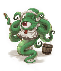 1_eye alternate_costume ambiguous_gender apron bucket cleaning_tool clothing container dress maid_headdress maid_uniform mop red_eyes shirt_cuffs simple_background solo tentacles uniform white_background shinyoko doctor_strange_(series) marvel shuma-gorath monster tentacle_creature