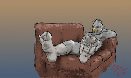 anthro beak body_outline bottomwear claws clothed clothed_male clothing duo feathers feet footwear furniture gradient_background hand_behind_head inside_clothing lying macro macro_anthro macro_male male male/male micro micro_in_sock on_back on_sofa red_text shorts simple_background sitting sitting_on_sofa smile socks sofa text trapped_in_clothing trapped_in_sock white_body white_feathers yellow_beak jeri_kleinlowe dusty_(dustybird_au) avian 2025 colored dated guide_lines hi_res signature