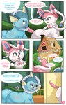 cake candy chocolate dessert dialogue duo feeding female feral food frill_(anatomy) morbidly_obese obese overweight ribbons_(anatomy) weight_gain fattyjakalope nintendo pokemon eeveelution generation_1_pokemon generation_6_pokemon pokemon_(species) sylveon vaporeon absurd_res comic hi_res