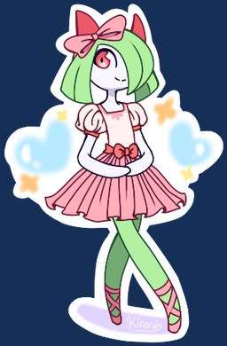 accessory ballerina ballerina_position ballerina_shoes ballet bow_ribbon female green_hair hair hair_accessory hair_bow hair_ribbon kirerin red_eyes ribbons smile smiling_at_viewer solo nintendo pokemon generation_3_pokemon humanoid kirlia pokemon_(species) low_res signature