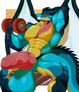 abs anthro balls big_balls big_knot big_penis black_body blue_body dumbbell exercise exercise_equipment eye_scar facial_scar genitals horn knot knotted_penis looking_at_viewer male muscular muscular_male nipples pecs penis saggy_balls scar simple_background sitting solo spiked_tail spikes spikes_(anatomy) spread_legs spread_wings spreading tail weights wings yellow_body tamarindohusky mythology nagisalucario dragon mythological_creature mythological_scalie scalie absurd_res hi_res