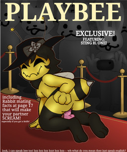 antennae_(anatomy) anthro arthropod_abdomen bodily_fluids breasts butt clothing dildo dildo_in_vagina dildo_insertion electronics female female_penetrated fictional_magazine_cover genital_fluids hair hand_on_butt hat headgear headgear_only headwear headwear_only holding_object holding_phone looking_at_viewer masturbation mostly_nude nipples penetration phone public public_nudity red_carpet sex_toy sex_toy_in_vagina sex_toy_insertion stinger text vaginal vaginal_penetration wings yellow_body darli_buni playboy arthropod insect colored cover digital_media_(artwork) english_text magazine_cover shaded
