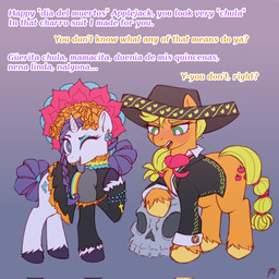 blonde_hair blonde_mane charro clothed clothed_female clothed_feral clothing cross cutie_mark duo feathering female female/female feral fur green_eyes hair holidays hooves horn mane mexican mexico one_eye_closed pupils purple_background purple_mane quadruped simple_background standing unguligrade upper_teeth white_body white_fur white_horn white_pupils yellow_hooves scarletrabbits calavera day_of_the_dead friendship_is_magic hasbro my_little_pony mythology applejack_(mlp) rarity_(mlp) earth_pony equid equine horse mammal mythological_creature mythological_equine pony unicorn 1:1 2021 digital_drawing_(artwork) digital_media_(artwork) hi_res