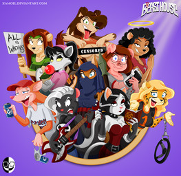 alcohol alternative_fashion angry anthro beer belt beverage beverage_can black_hair blonde_hair blue_eyes brown_body brown_fur brown_hair bubble_gum censor_bar censored_breasts clothing collar corset crop_top cuff_(restraint) drinking electric_guitar eyewear female fingerless_gloves flashing flashing_breasts fur glasses gloves goth green_eyes grey_hair group guitar hair halo handcuffs handwear hippie jewelry latina lingerie makeup male male/female metal_cuffs multicolored_body multicolored_fur musical_instrument necklace occult_symbol pentagram playing_guitar playing_music plucked_string_instrument protest_sign red_hair restraints shirt spiked_collar spikes string_instrument symbol tongue tongue_out topwear wearing_glasses yellow_eyes xamoel beast_house bryanna_(xamoel) dafne_(xamoel) jammy_(xamoel) leonor_(xamoel) megan_(xamoel) morgana_(xamoel) rachel_(xamoel) tahira_(xamoel) vera_(xamoel) american_opossum border_collie canid canine canis cheetah collie domestic_cat domestic_dog domestic_pig felid feline felis fennec_fox fox herding_dog lemur lion mammal marsupial mephitid pantherine pastoral_dog primate sheepdog skunk strepsirrhine suid suine sus_(pig) true_fox virginia_opossum censored