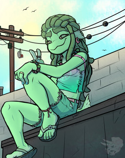 alternative_fashion anthro bracelet colored_nails crotch_lines dreadlocks eyelashes feet female freckled_face freckled_shoulders freckles green_body green_eyes hippie jewelry long_eyelashes nails necklace piercing posing_for_picture ring sammy_gardiner smile solo toes threehorns aquatic characiform fish piranha_(fish) serrasalmid hi_res