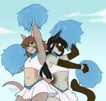 anthro blue_eyes brown_hair cheerleader clothed clothing countershading crossdressing duo femboy hair male midriff navel kittydee miles_(friendly_skelly) domestic_cat felid feline felis mammal mouse murid murine rodent 2020 digital_media_(artwork) hi_res