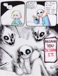 aftertale animated_skeleton bone clothed clothing comic counter dialogue ellipsis english_text frisk_(undertale) gaster_blaster hair human humanoid loverofpiggies mammal not_furry sans_(undertale) skeleton smile teeth text undead undertale undertale_(series)