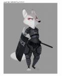 anthro armor black_nose body_armor border clothed clothing fully_clothed fur grey_background holding_object light pink_eyes riot_police riot_shield shield simple_background solo standing text toeless_legwear white_body white_border white_fur foxialist canid canine fox mammal 2018 absurd_res digital_media_(artwork) english_text hi_res lighting