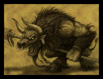 anthro axe beard braided_beard empty_eyes facial_hair facial_piercing fantasy fur holding_axe holding_object hooves horseshoe male muscular muscular_arms muscular_male nose_piercing nose_ring open_mouth piercing ring_piercing snout solo tail unguligrade warrior yelling adam_vehige 2004 black_and_yellow signature sketch