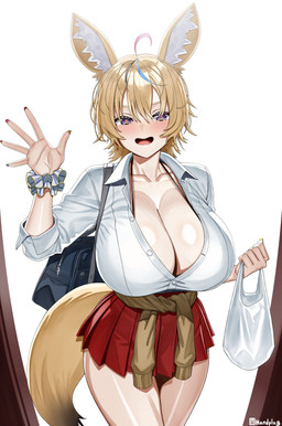 big_breasts blonde_hair blush bottomwear breasts cleavage clothed clothing female hair heart_eyes heart_symbol huge_breasts miniskirt purple_eyes shirt skirt solo tail topwear handplug hololive vtuber omaru_polka animal_humanoid canid canid_humanoid canine canine_humanoid fennec_humanoid fox_humanoid humanoid mammal mammal_humanoid 2026 absurd_res hi_res