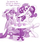 big_hat clothing container cup dialogue duo female feral furniture hat headgear headwear horn star_eyes sun_hat table tea_cup teapot text wide_brim_hat wings dstears friendship_is_magic hasbro my_little_pony mythology rarity_(mlp) twilight_sparkle_(mlp) equid equine horse mammal mythological_creature mythological_equine pony unicorn winged_unicorn 2020 english_text hi_res monochrome purple_theme