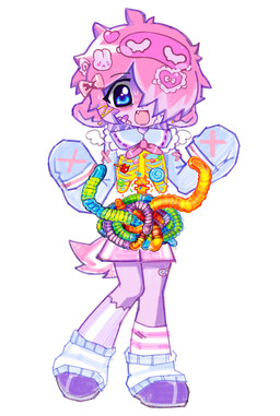 accessory ambiguous_gender anthro band-aid bandage blue_eyes bodily_fluids bottomwear bow_ribbon candy clothing dessert fangs food footwear gummy_(food) gummy_worm guts hair hair_accessory hair_bow hair_ribbon heart_(marking) leg_warmers legwear lollipop markings open_mouth organs pink_hair rib_cage ribbons shoes shorts socks solo standing sweat teeth wings alunka animal_humanoid humanoid absurd_res hi_res