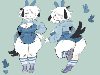 :< ahoge annoyed anthro big_breasts big_butt black_ears black_tail blue_clothing blue_ears blue_hoodie blue_topwear breasts butt butt_tuft clothed clothing curvy_figure fake_ears fake_rabbit_ears female female_anthro floppy_ears footwear front_view fur grey_clothing grey_footwear grey_socks grumpy hair hair_over_eye half-closed_eyes hand_on_hip hoodie huge_butt kemono legwear looking_aside multicolored_clothing multicolored_footwear multicolored_shoes multicolored_socks narrowed_eyes one-piece_swimsuit one_eye_obstructed pattern_clothing pattern_footwear pattern_legwear pattern_socks raised_clothing raised_hoodie raised_leg raised_topwear rear_view shoes short_hair simple_background skimpy slightly_chubby socks solo standing striped_clothing striped_footwear striped_socks stripes swimwear tail tomboy topwear tuft two_tone_clothing two_tone_footwear two_tone_shoes two_tone_socks voluptuous wide_hips puppkittyfan1 pepper_(fawnpawss) canid canine canis domestic_dog mammal 4:3 digital_media_(artwork) hi_res shaded simple_shading