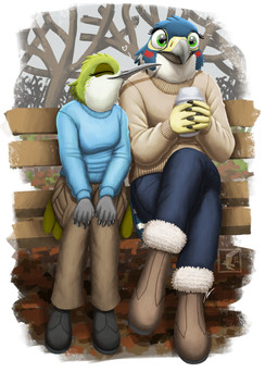 anthro autumn autumn_leaves blush boots bottomwear cargo_pants clothing coffee_cup container cup denim denim_bottomwear denim_clothing duo female female/female footwear fur_boots heart_symbol jeans love pants shoes sweater topwear fish_birb katie_(fish_birb) sarah_(fish_birb) apodiform avian bird falcon falconid hummingbird peregrine_falcon absurd_res hi_res