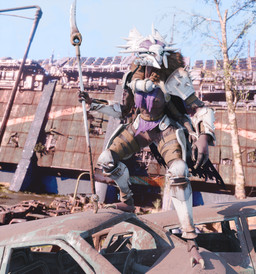2_toes 3_fingers 4_arms armor barefoot blue_eyes bottomwear breasts brown_body brown_exoskeleton car claws clothing day exoskeleton feet female fingers fur_collar genitals glowing glowing_eyes headgear ineffective_clothing knee_pads loincloth melee_weapon multi_arm multi_limb plant polearm sky solo spear spiked_armor spikes straps toes tree vehicle weapon juanratman pickle_juice_(modeler) bungie destiny_(series) alien arthropod eliksni 3d_(artwork) absurd_res digital_media_(artwork) hi_res
