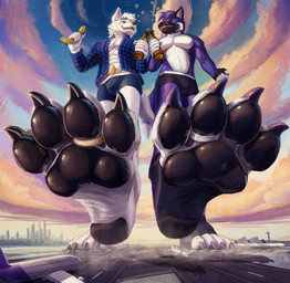 4_toes aircraft airplane alcohol anthro beer beverage black_pawpads building city claws destroyed_building destruction digit_ring drunk duo feet foot_fetish foot_focus jewelry macro male male/male micro pawpads paws ring soles substance_intoxication toe_ring toes vehicle thb886 canid canine canis mammal hi_res