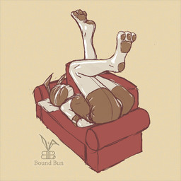 ambiguous_gender anthro bdsm bondage bound feet_in_air furniture gimp_suit glistening glistening_body hands_behind_back latex pawpads sofa solo boundbun lagomorph leporid mammal rabbit 1:1