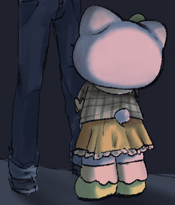 ambiguous_gender anthro bottomwear chibi clothed clothing denim denim_bottomwear denim_clothing detailed_background duo female fur jeans larger_human looking_at_viewer pants size_difference skirt smaller_anthro smaller_female standing white_body white_fur touboutenshi hello_kitty_(series) sanrio mimmy_white bobtail_cat domestic_cat felid feline felis human mammal