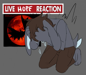 anthro bodily_fluids bottomwear clothing crying kneeling male pants solo tears text bloowolfy devilman_(series) hope_(bloowolfy) lagomorph leporid mammal rabbit 2022 english_text hi_res