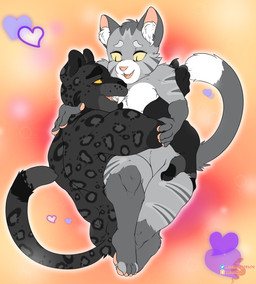 anthro black_body black_eyes black_fur black_nose chest_tuft claws duo eye_contact eyebrows fur grey_body grey_fur hand_on_leg hand_on_thigh heart_symbol holding_partner inner_ear_fluff looking_at_another male male/male markings melanistic nude open_mouth open_smile pawpads pink_nose pink_pawpads romantic sharp_teeth smile spots spotted_body spotted_fur striped_body striped_fur stripes teeth thick_eyebrows tuft yellow_sclera morgan_gorgon grey_(fearzy) tom_(morgan) domestic_cat felid feline felis leopard mammal pantherine 2021 digital_media_(artwork) hi_res