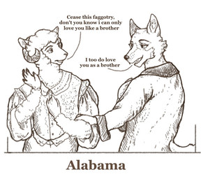 alabama anthro clothed clothed_anthro clothed_male clothing dialogue duo ears_up eye_contact fur horn jacket looking_at_another male male/male open_mouth shirt tail teeth teeth_showing text topwear wool_(fur) reynard_goodfellow reynard_the_baa bovid canid canine canis caprine mammal sheep wolf english_text monochrome