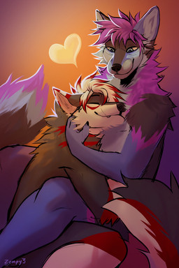 anthro black_body black_fur black_nose black_tail blue_eyes claws cuddling duo eyes_closed fangs fur hair head_on_chest heart_symbol male male/male purple_body purple_fur red_hair red_tail simple_background sitting smile smiling_at_another tail teeth white_body white_fur zempy3 canid canine mammal hi_res signature