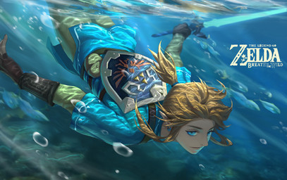 blonde_hair blue_eyes clothing ear_piercing ear_ring hair humanoid_pointy_ears male melee_weapon not_furry piercing pointy_ears ring_piercing shield short_hair solo swimming sword text underwater water weapon white_body white_skin cloudbox9 breath_of_the_wild nintendo the_legend_of_zelda link aquatic elf fish humanoid hylian 2019 english_text