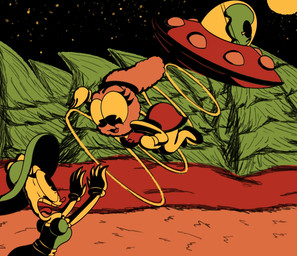 alien_abduction anthro cartoon_gloves cheerleader cheerleader_outfit female food for_a_head forest gesture group hair kidnapping male moon pie_cut_eyes plant pom_poms ponytail reaching_out rice_cake rubberhose running simple_background star toony tree trio ufo waving crazy_8_animations molly_gams alien food_creature humanoid object_head shaded simple_shading